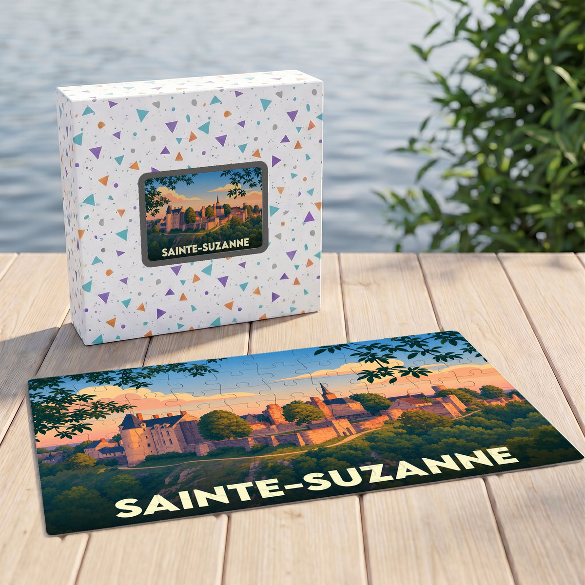 Puzzle souvenir de la ville de Sainte-Suzanne avec une illustration stylisée d'un château médiéval au coucher du soleil.