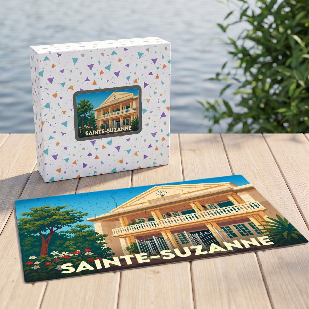 Puzzle souvenir de la ville de Sainte-Suzanne avec une illustration stylisée d'une maison coloniale.