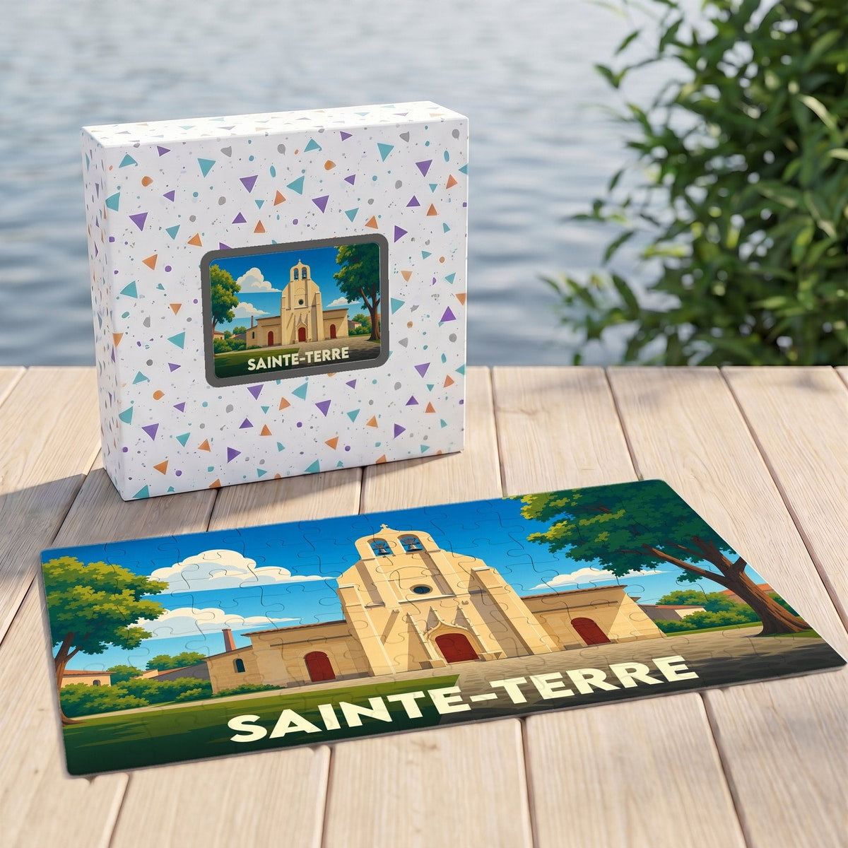 Puzzle souvenir de la ville de Sainte-Terre avec une illustration stylisée d'une église.