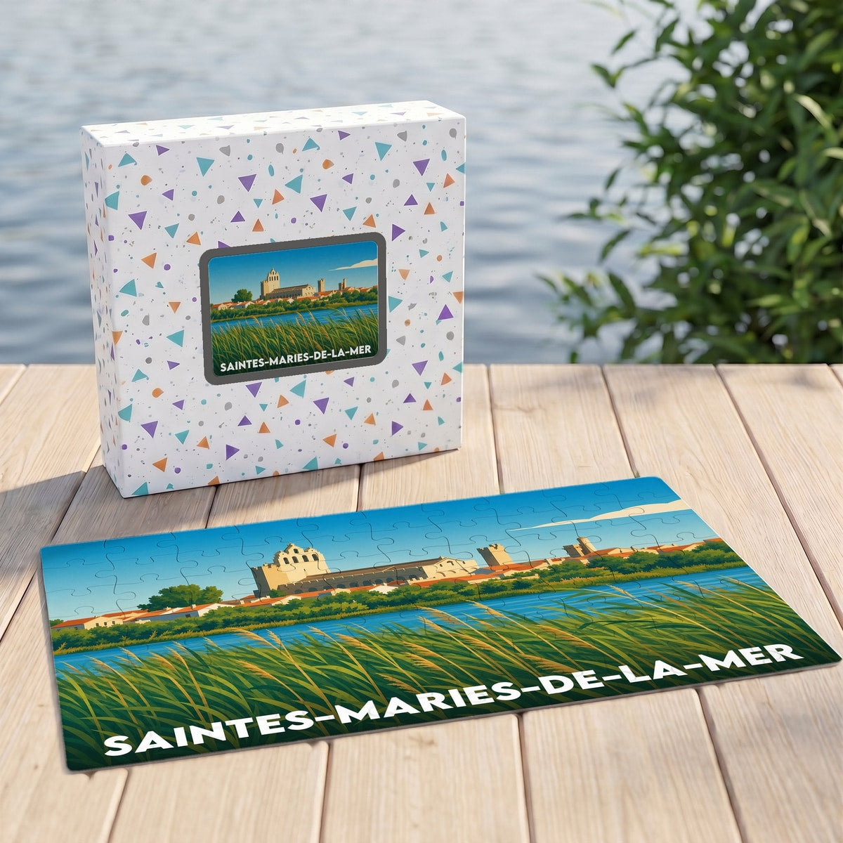 Puzzle souvenir de la ville de Saintes-Maries-de-la-Mer avec une illustration stylisée d'un paysage côtier.