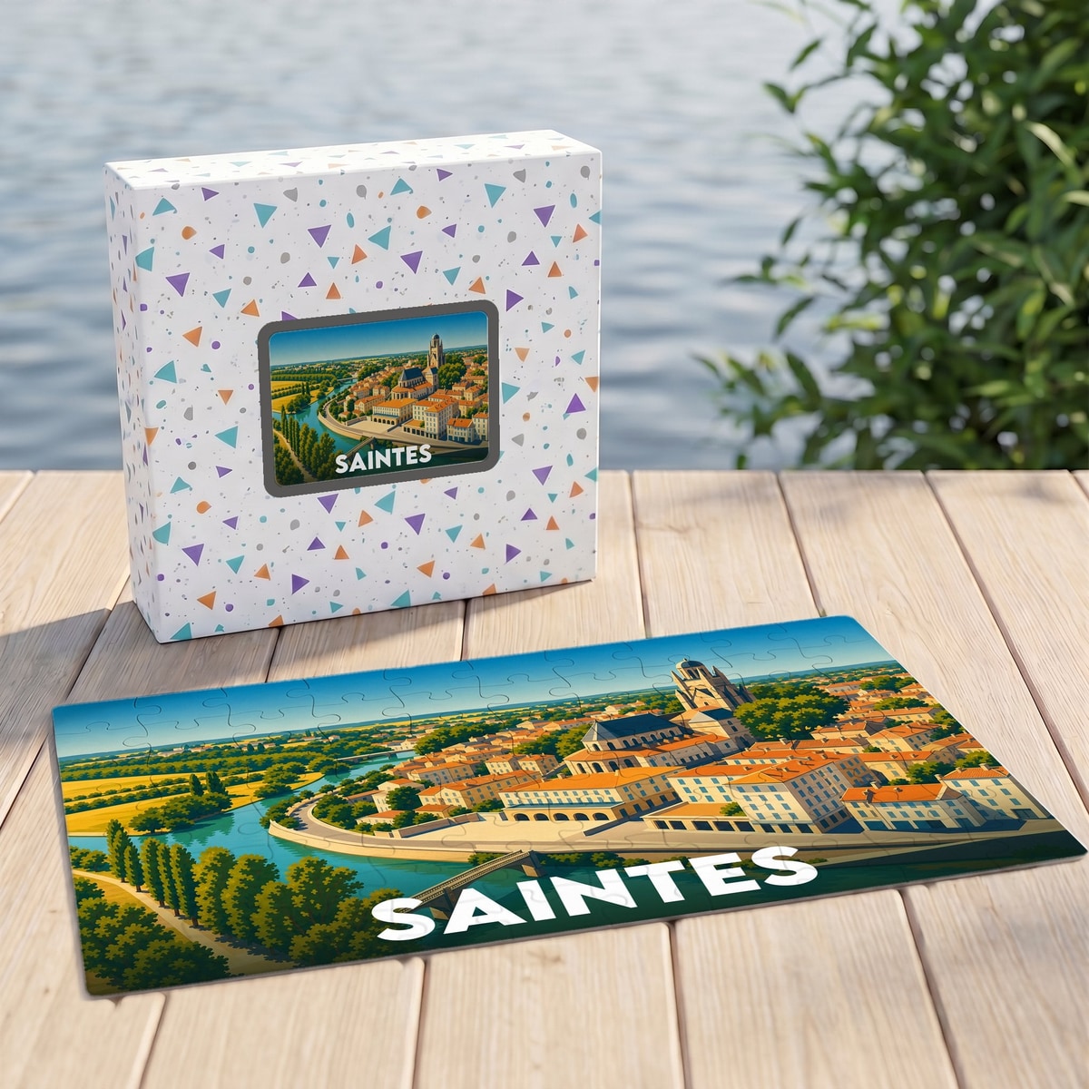 Puzzle souvenir de la ville de Saintes avec une illustration panoramique stylisée.