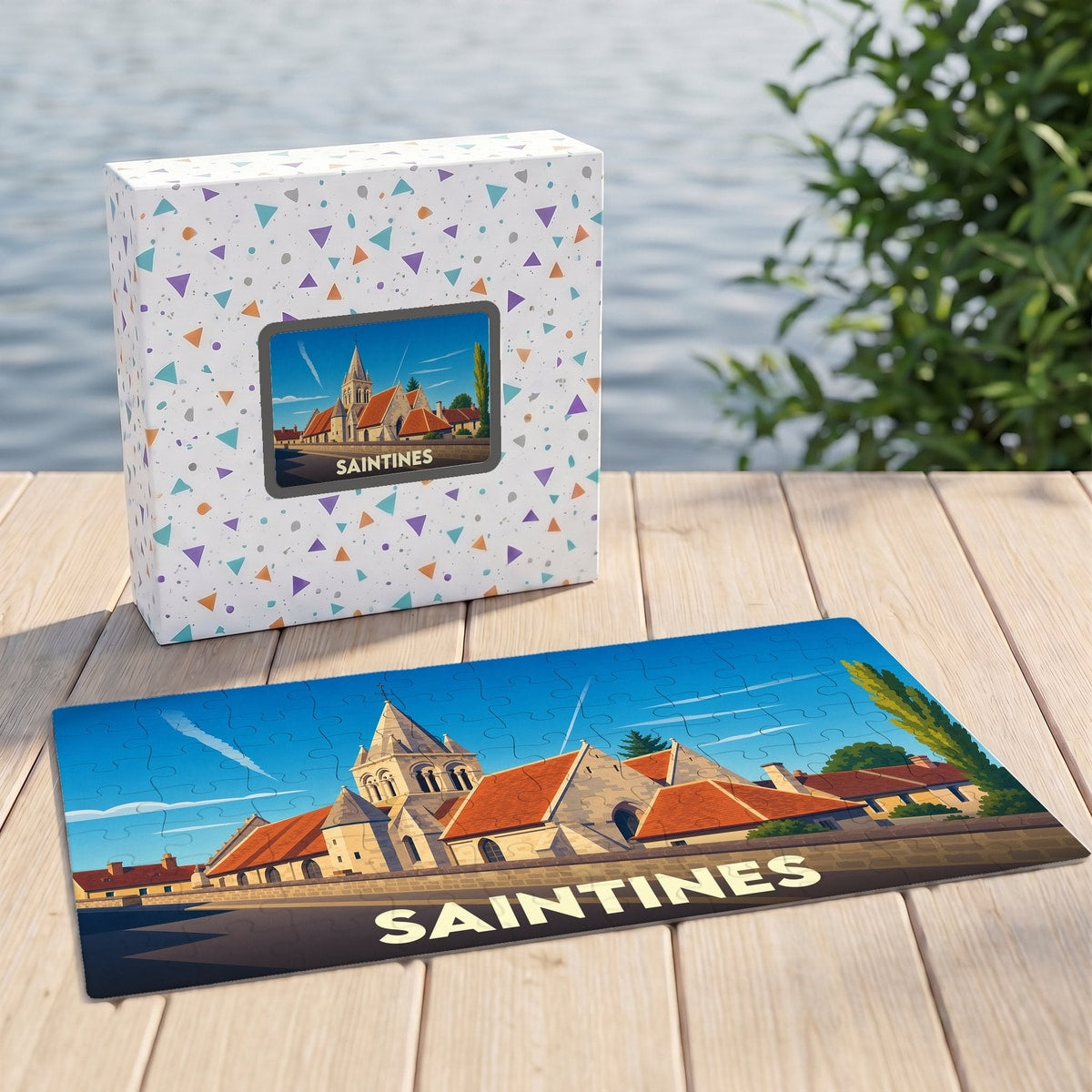 Puzzle souvenir de la ville de Saintines avec une illustration stylisée de son église.