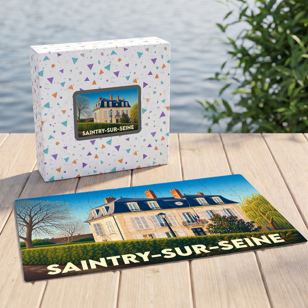 Puzzle souvenir de la ville de Saintry-sur-Seine avec une illustration stylisée de son patrimoine architectural.