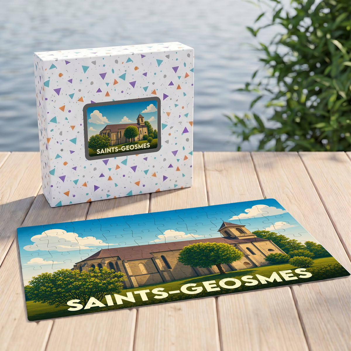 Puzzle souvenir de la ville de Saints-Geosmes avec une illustration stylisée de son église sur sa boîte et ses pièces assemblées.