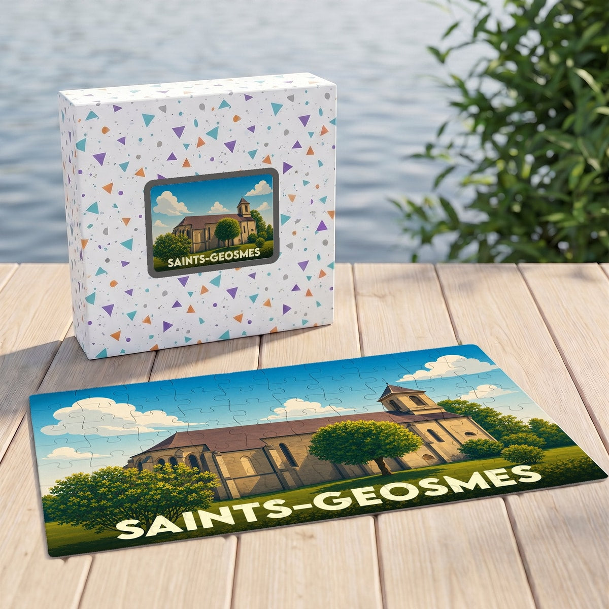 Puzzle souvenir de la ville de Saints-Geosmes avec une illustration stylisée de son église sur sa boîte et ses pièces assemblées.
