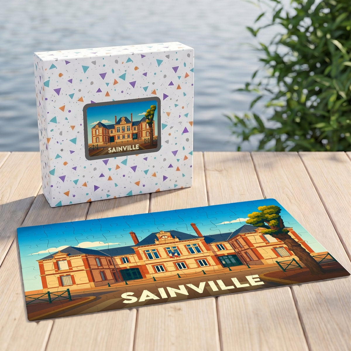 Puzzle souvenir de la ville de Sainville avec une illustration stylisée de son hôtel de ville.