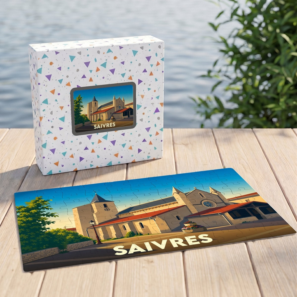 Puzzle souvenir de la ville de Saivres avec une illustration stylisée de son église.