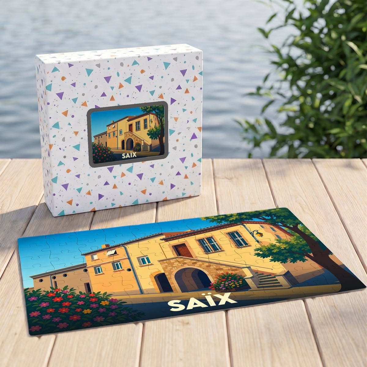 Puzzle souvenir de la ville de Saïx avec une illustration stylisée d'un bâtiment ensoleillé.