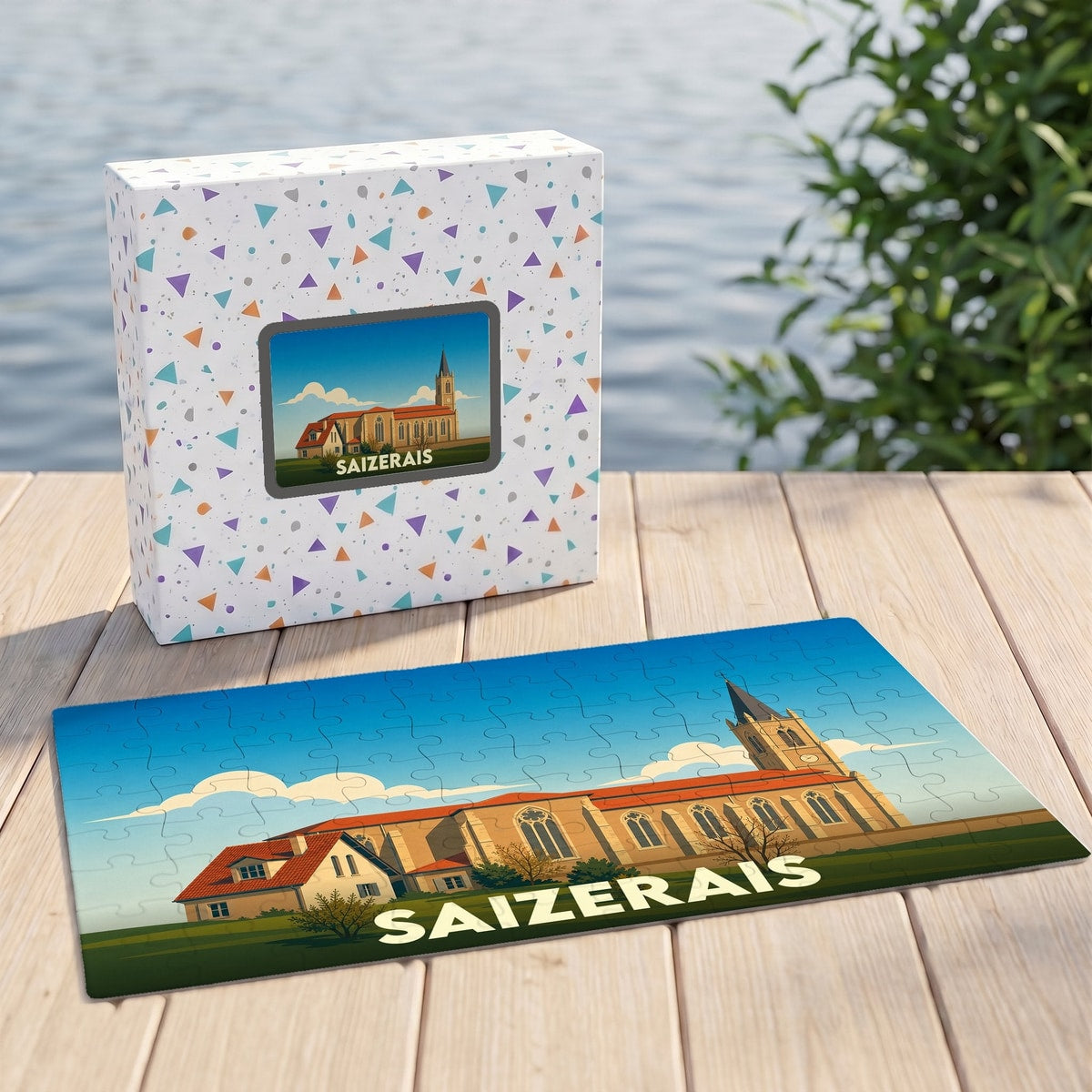 Puzzle souvenir de la ville de Saizerais avec une illustration stylisée d'une église.