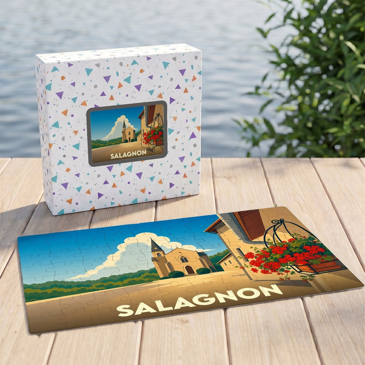 Puzzle souvenir de la ville de Salagnon avec une illustration stylisée.