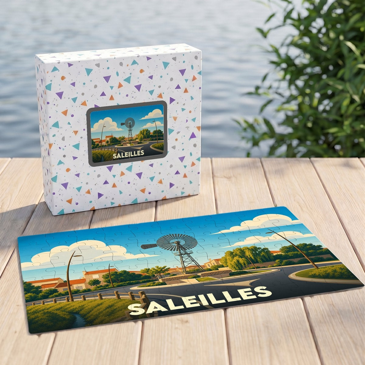 Puzzle souvenir de la ville de Saleilles avec une illustration stylisée d'un moulin.