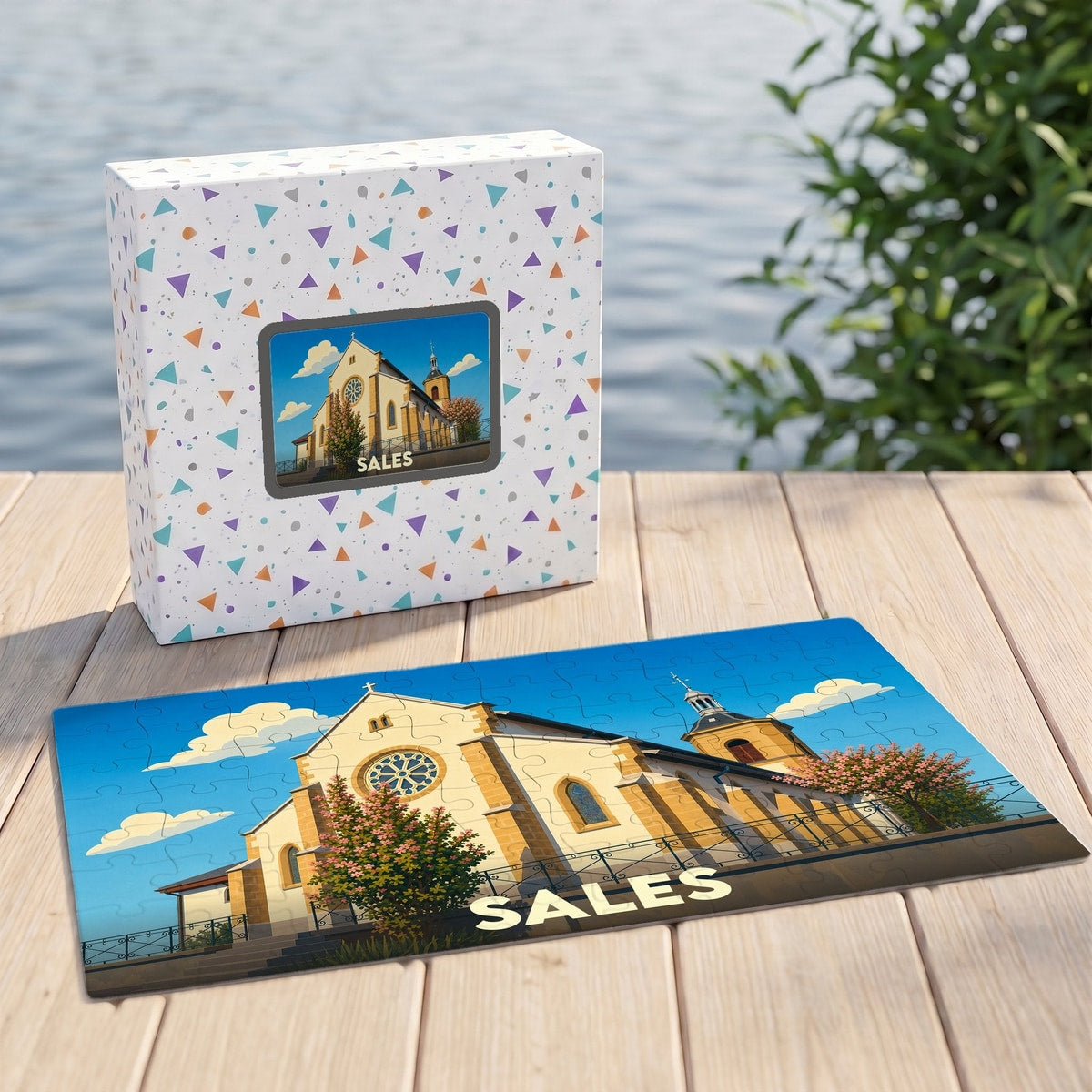 Puzzle souvenir de la ville de Sales avec une illustration stylisée de son église.