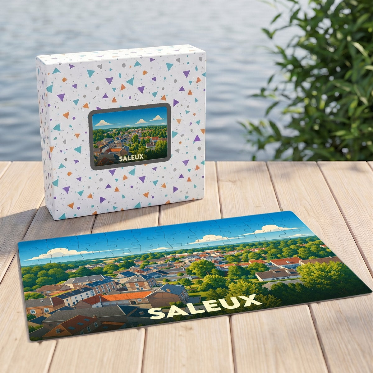 Puzzle souvenir de la ville de Saleux avec une illustration paysagère stylisée.