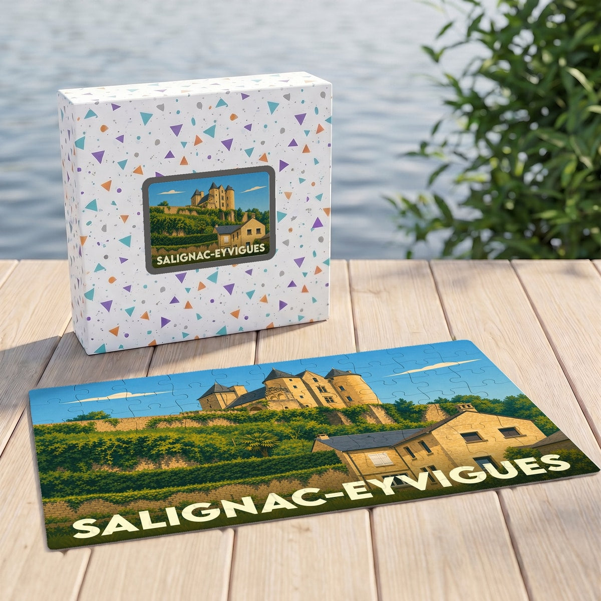Puzzle souvenir de la ville de Salignac-Eyvigues avec une illustration stylisée de son château.