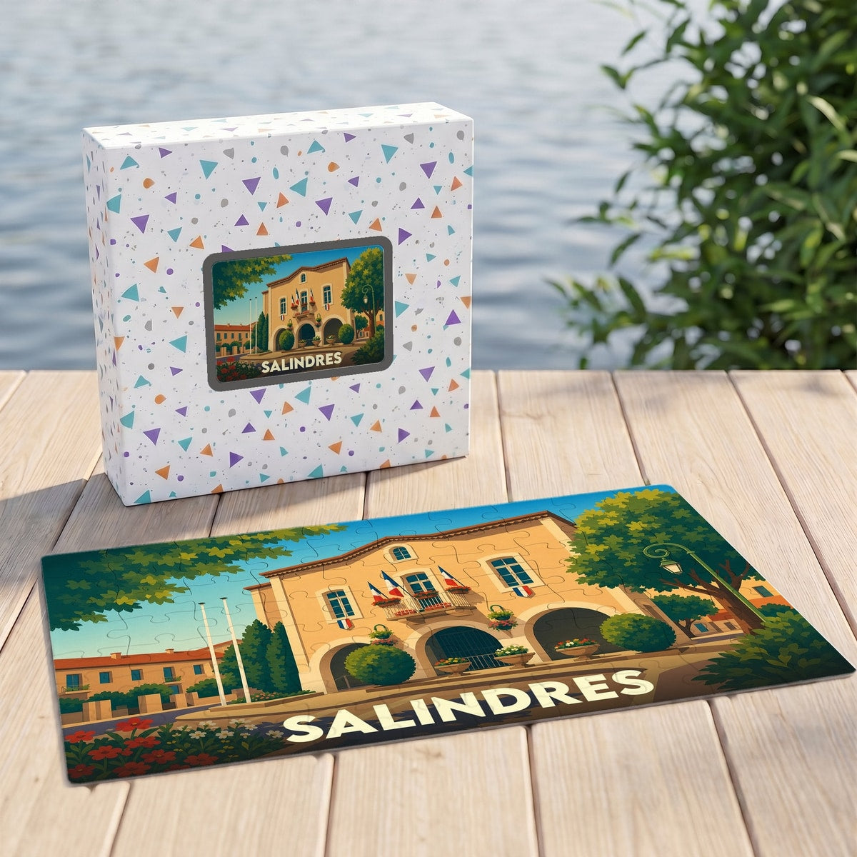 Puzzle souvenir de la ville de Salindres avec une illustration stylisée.