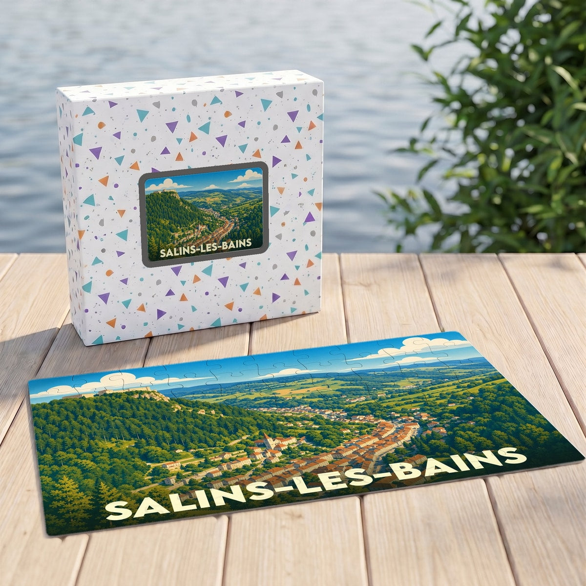 Puzzle souvenir de la ville de Salins-les-Bains avec une illustration paysagère stylisée.