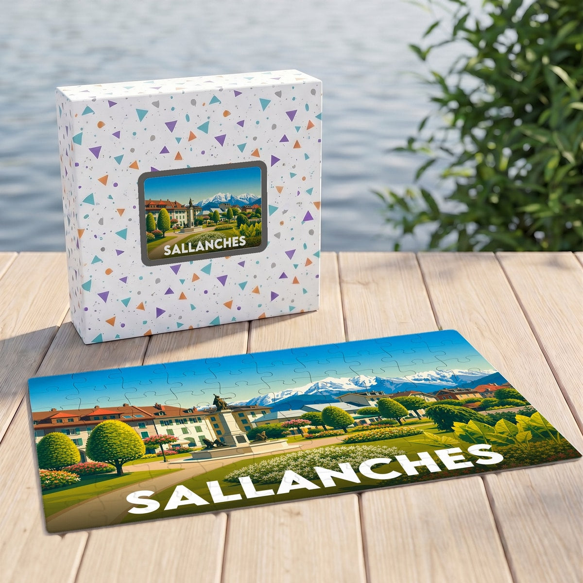Puzzle souvenir de la ville de Sallanches illustré d'un paysage de montagne et de son parc urbain.