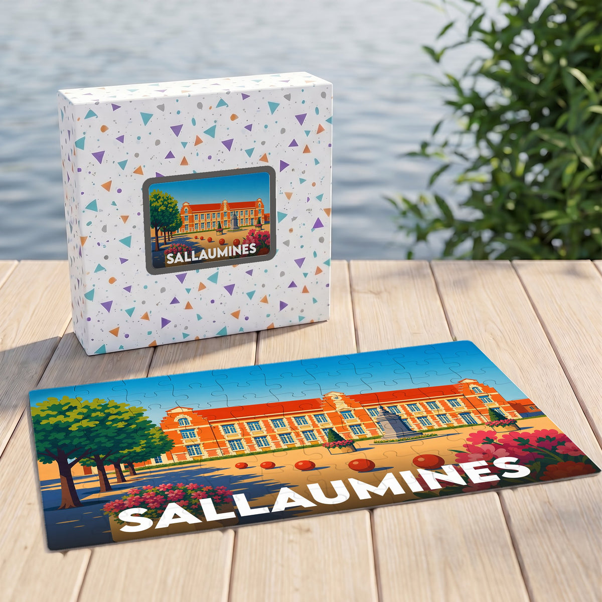 Puzzle souvenir de la ville de Sallaumines illustrant l'hôtel de ville dans un style graphique épuré.