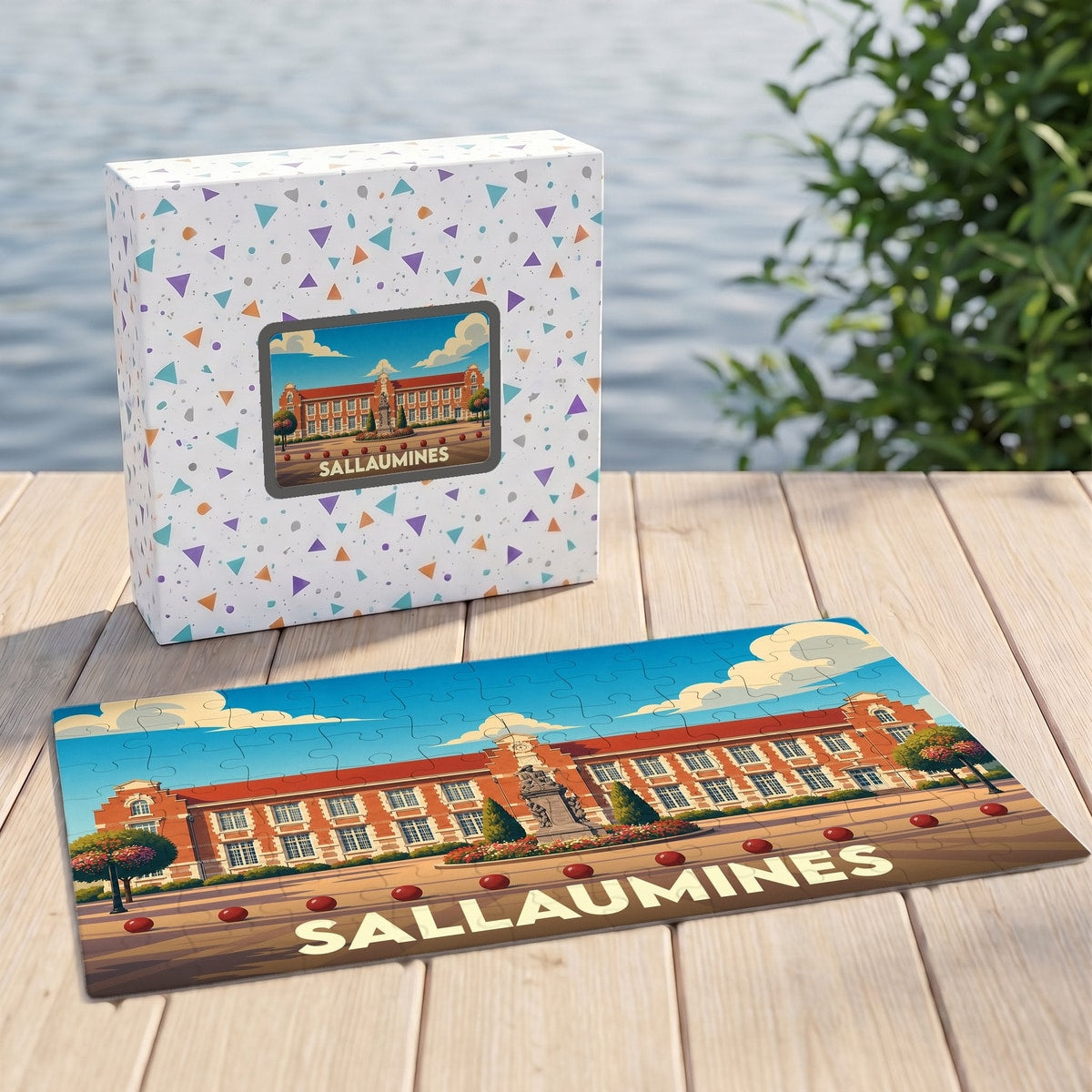 Puzzle souvenir de la ville de Sallaumines représentant l'hôtel de ville avec une illustration stylisée.
