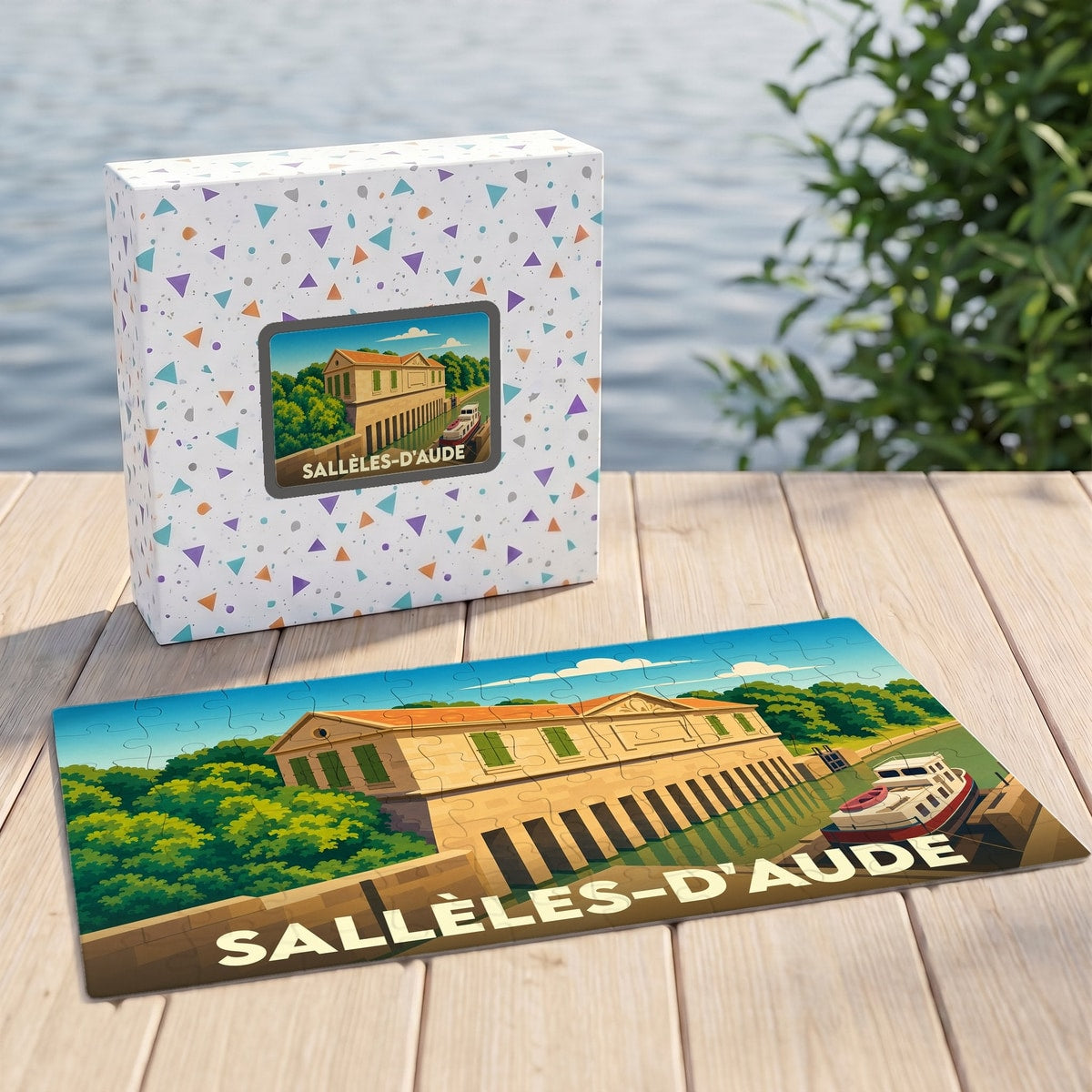 Puzzle souvenir de la ville de Sallèles-d'Aude avec une illustration stylisée d'un bâtiment au bord de l'eau.