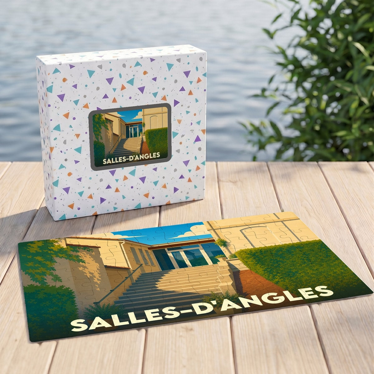 Puzzle souvenir de la ville de Salles-d'Angles avec une illustration stylisée.