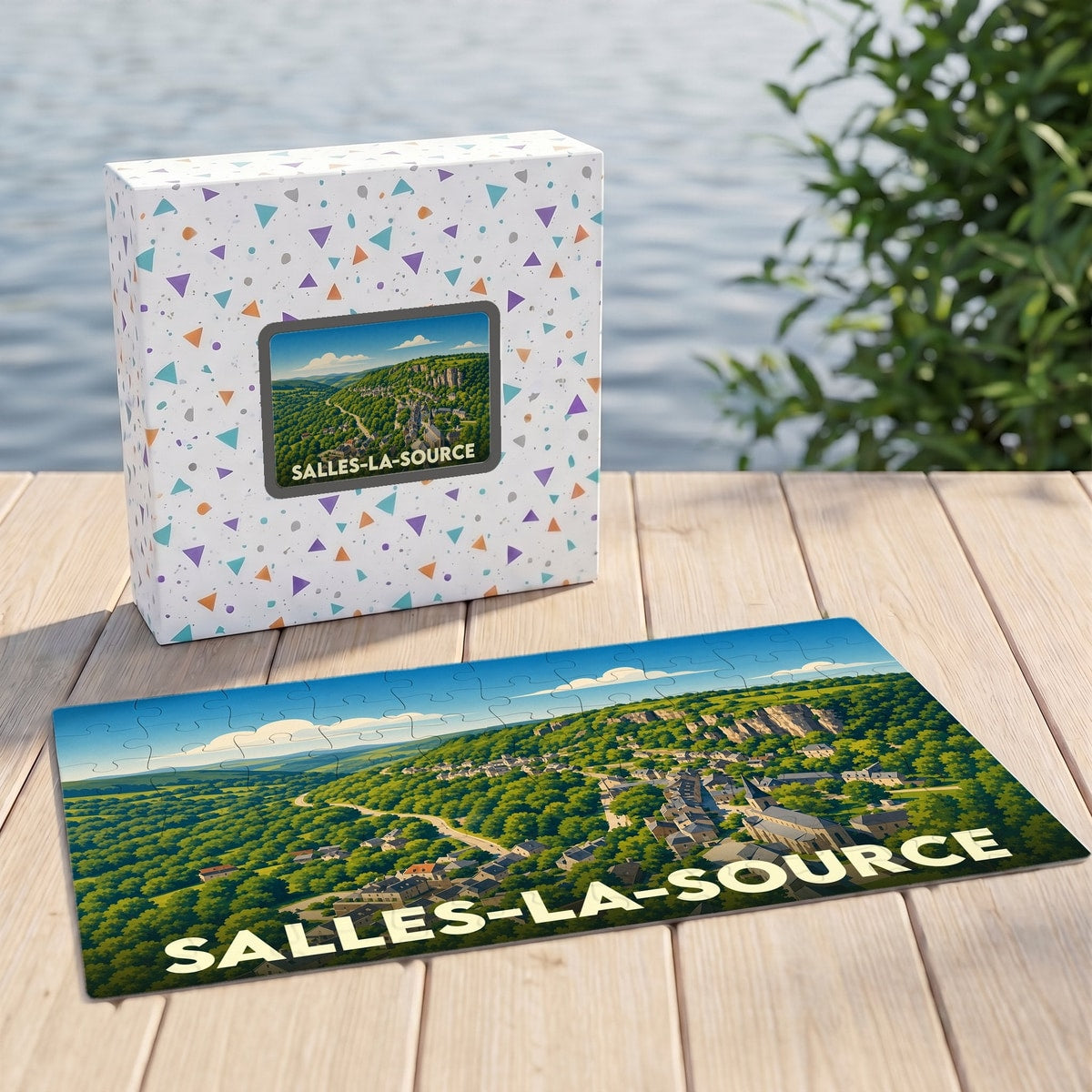 Puzzle souvenir de la ville de Salles-la-Source avec une illustration stylisée de son paysage vallonné.