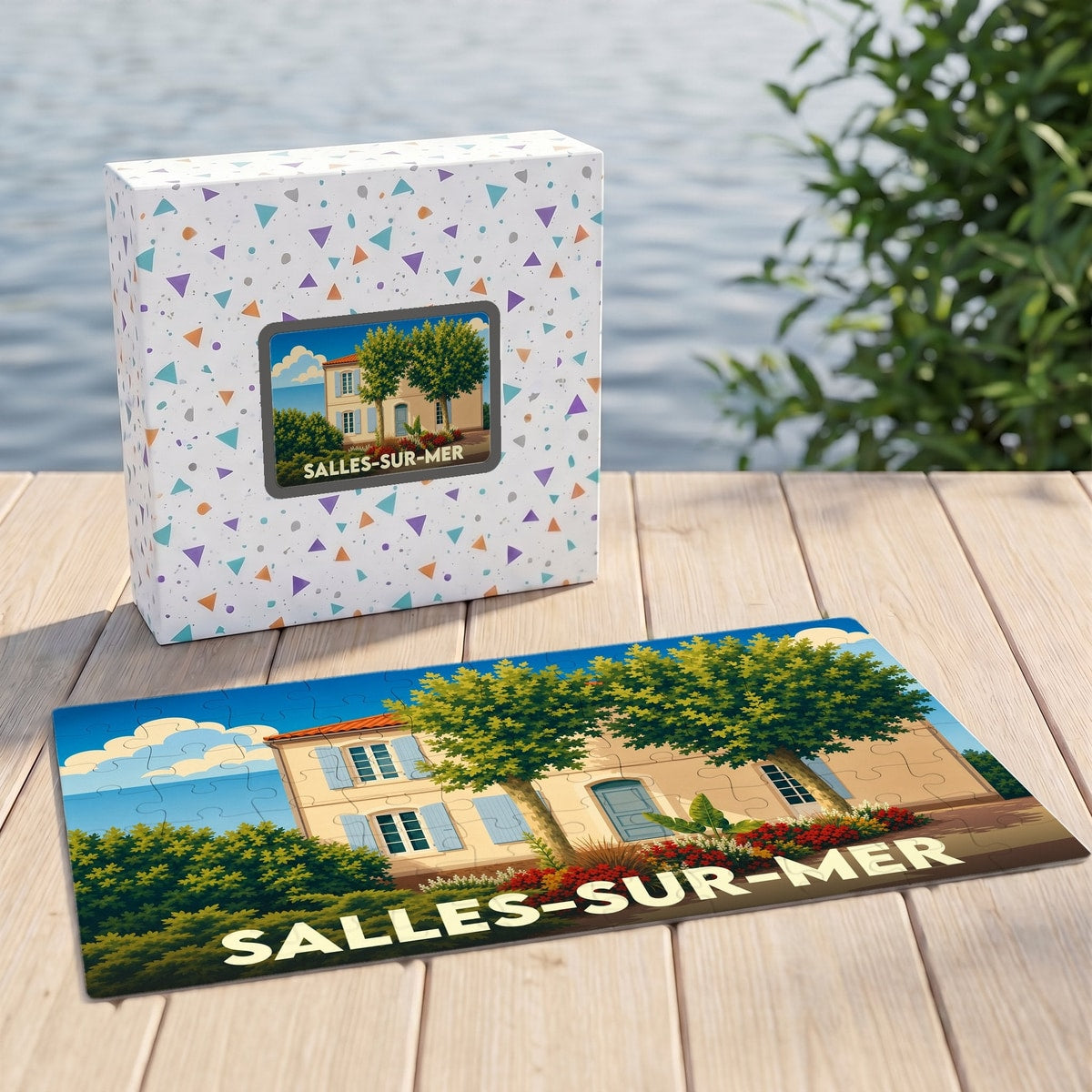 Puzzle souvenir de la ville de Salles-sur-Mer avec une illustration stylisée d'une maison côtière.
