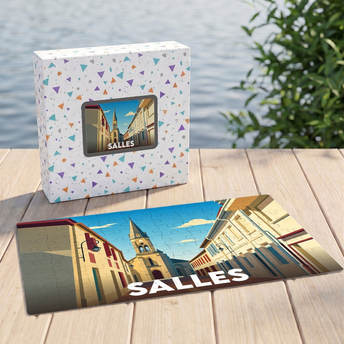 Puzzle souvenir de la ville de Salles avec une illustration stylisée et colorée.