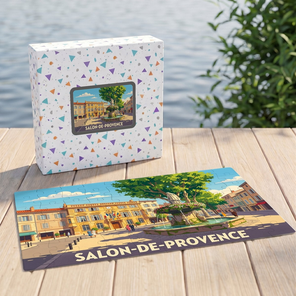 Puzzle souvenir de la ville de Salon-de-Provence avec une illustration stylisée d'une place ensoleillée.