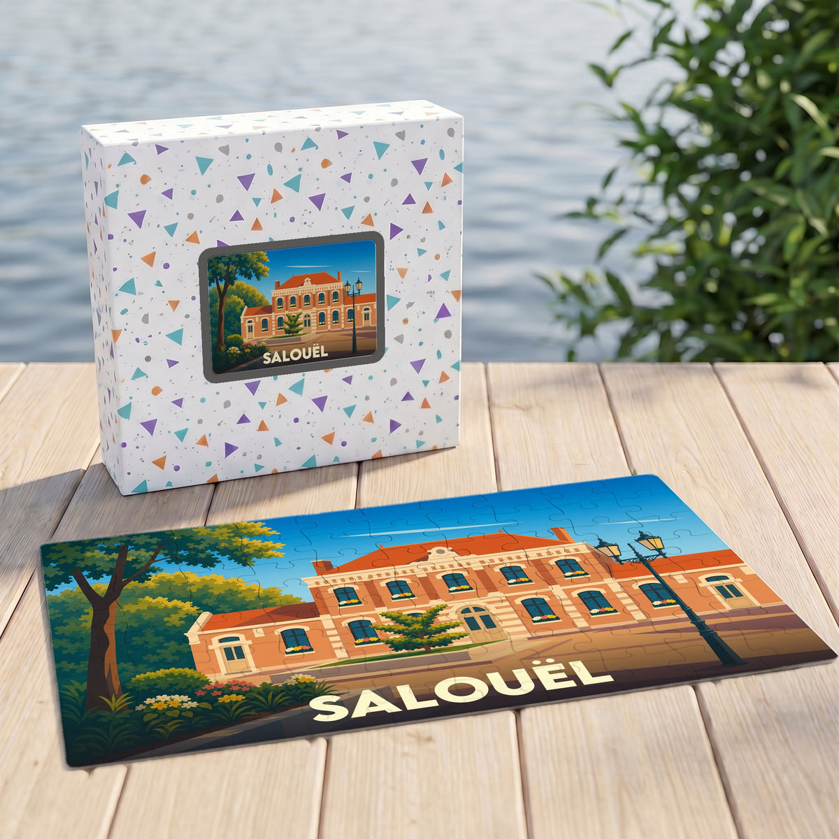 Puzzle souvenir de la ville de Salouël avec une illustration stylisée de sa mairie.