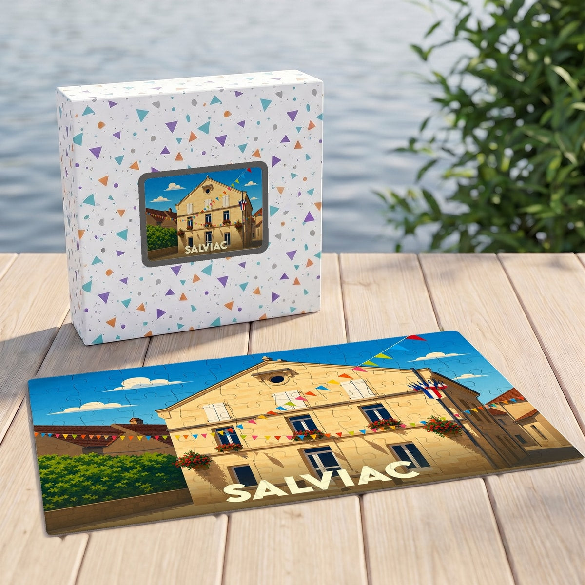 Puzzle souvenir de la ville de Salviac avec une illustration stylisée et colorée.