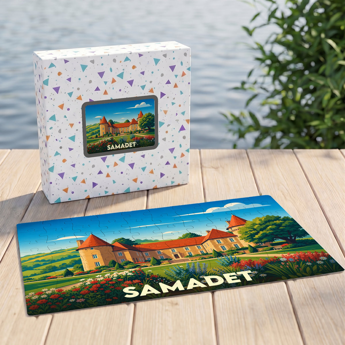 Puzzle souvenir de la ville de Samadet avec une illustration stylisée d'un château.