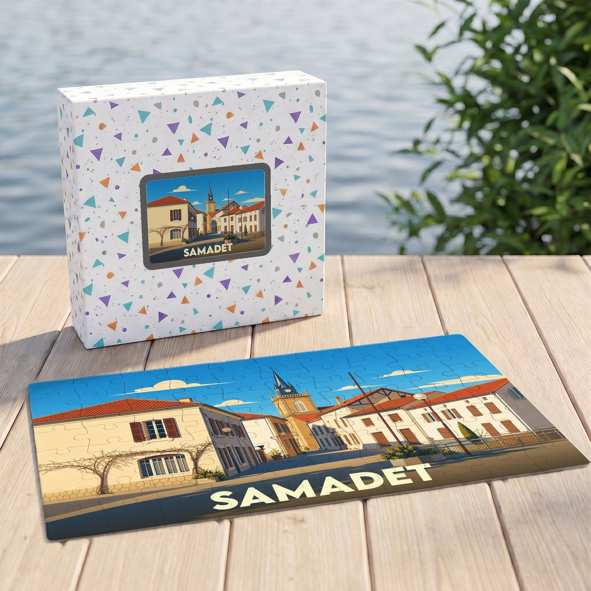 Puzzle souvenir de la ville de Samadet avec une illustration stylisée et colorée.