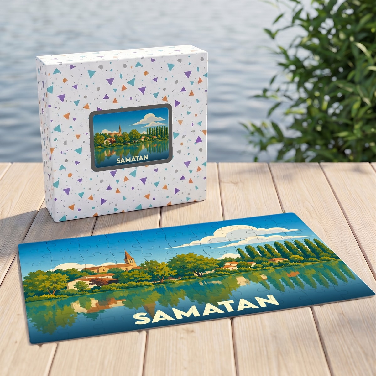 Puzzle souvenir de la ville de Samatan avec une illustration stylisée de son paysage lacustre.