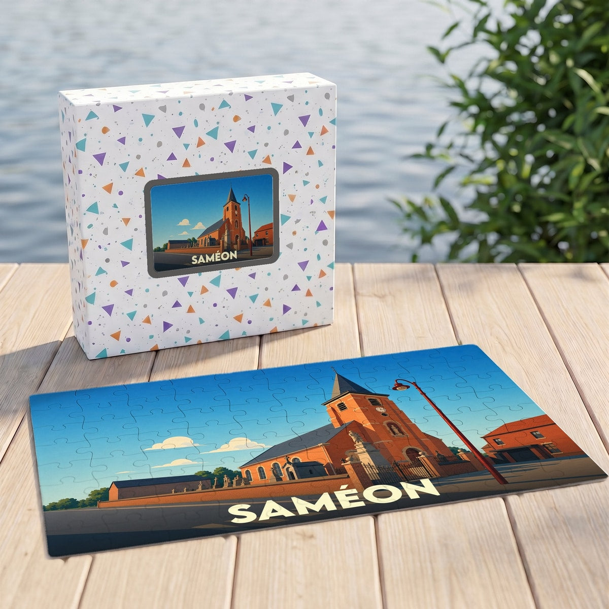 Puzzle souvenir de la ville de Saméon avec une illustration stylisée de son église.