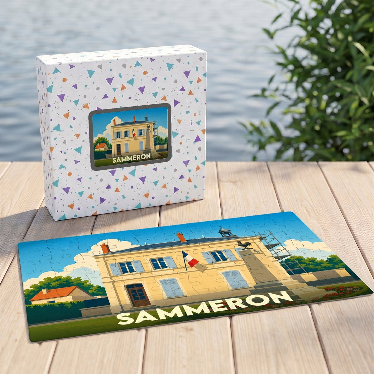 Puzzle souvenir de la ville de Sammeron avec une illustration stylisée de sa mairie.