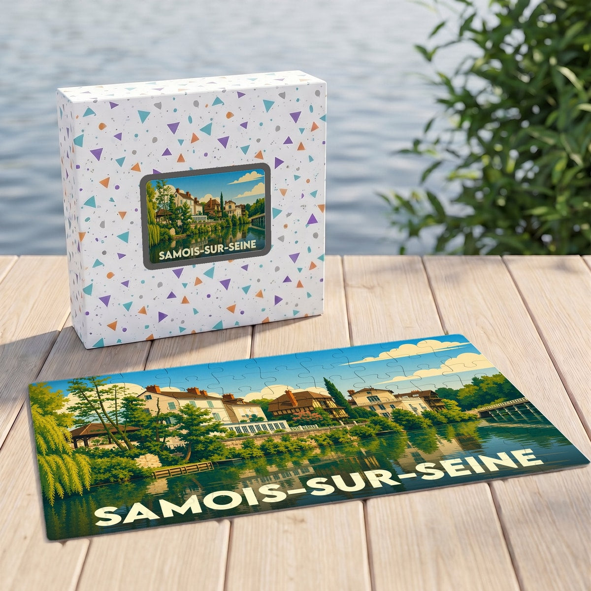 Puzzle souvenir de la ville de Samois-sur-Seine avec une illustration stylisée des bords de Seine.