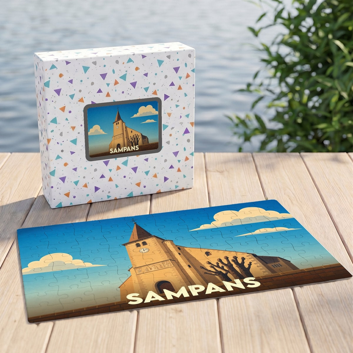 Puzzle souvenir de la ville de Sampans avec une illustration stylisée de son église sur sa boîte et son plateau.