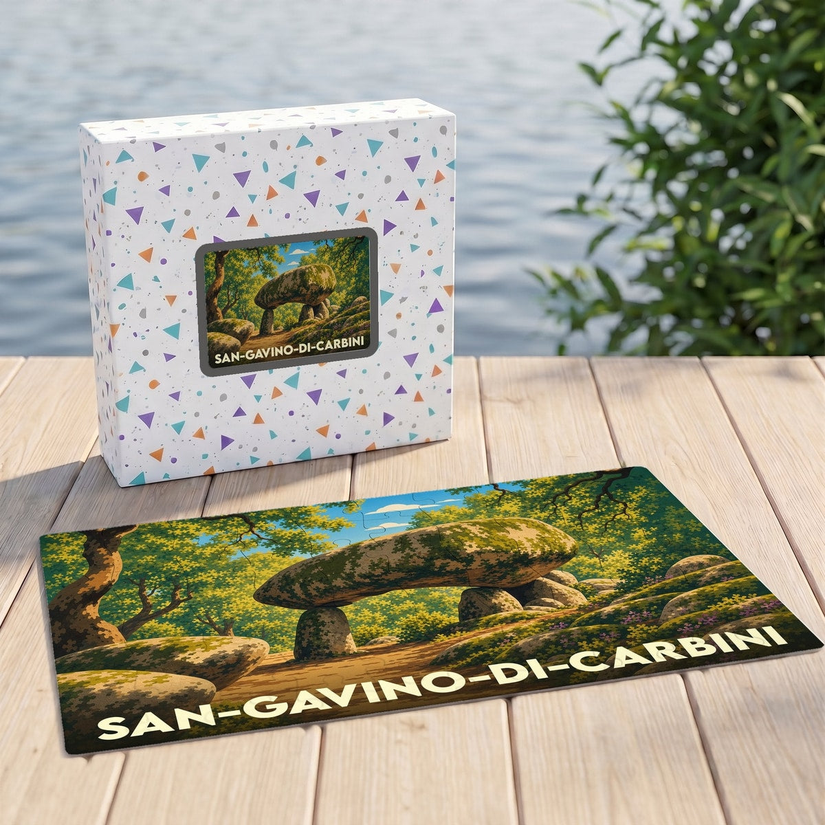 Puzzle souvenir de la ville de San-Gavino-di-Carbini représentant un dolmen dans un paysage forestier stylisé.