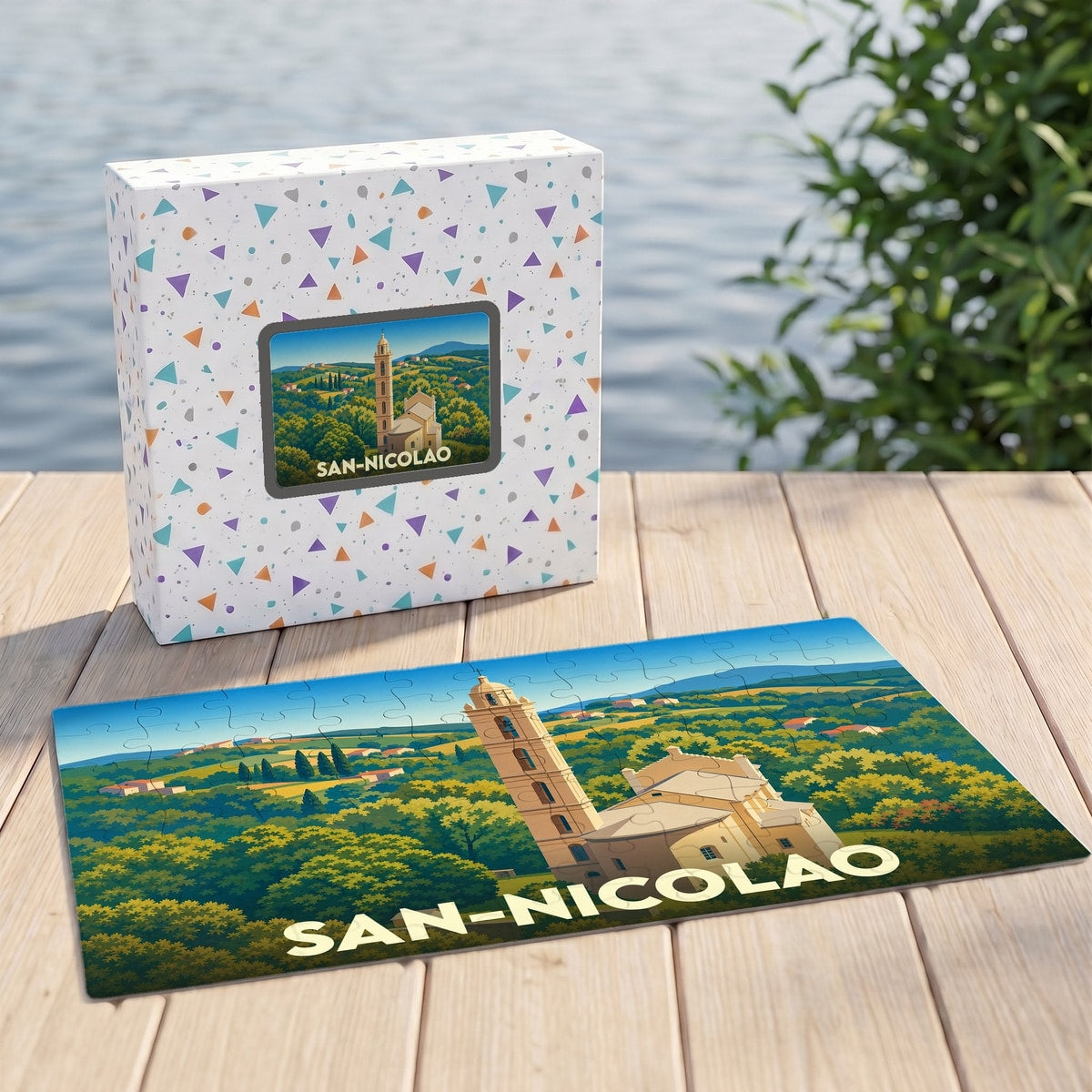 Puzzle souvenir de la ville de San-Nicolao avec une illustration stylisée d'un paysage corse.