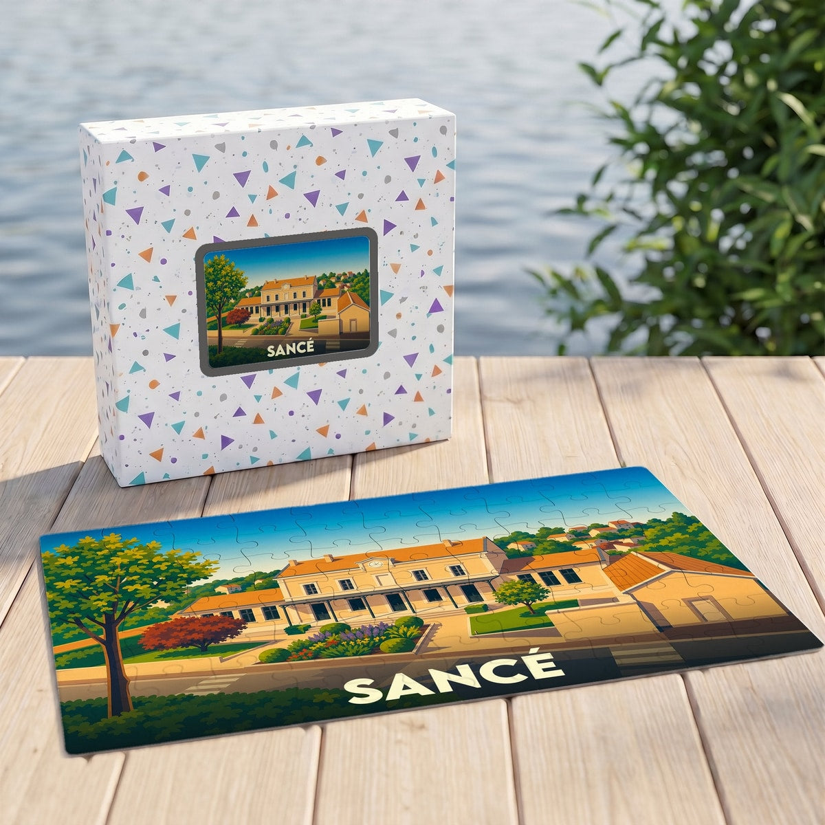 Puzzle souvenir de la ville de Sancé avec une illustration stylisée d'un bâtiment emblématique.