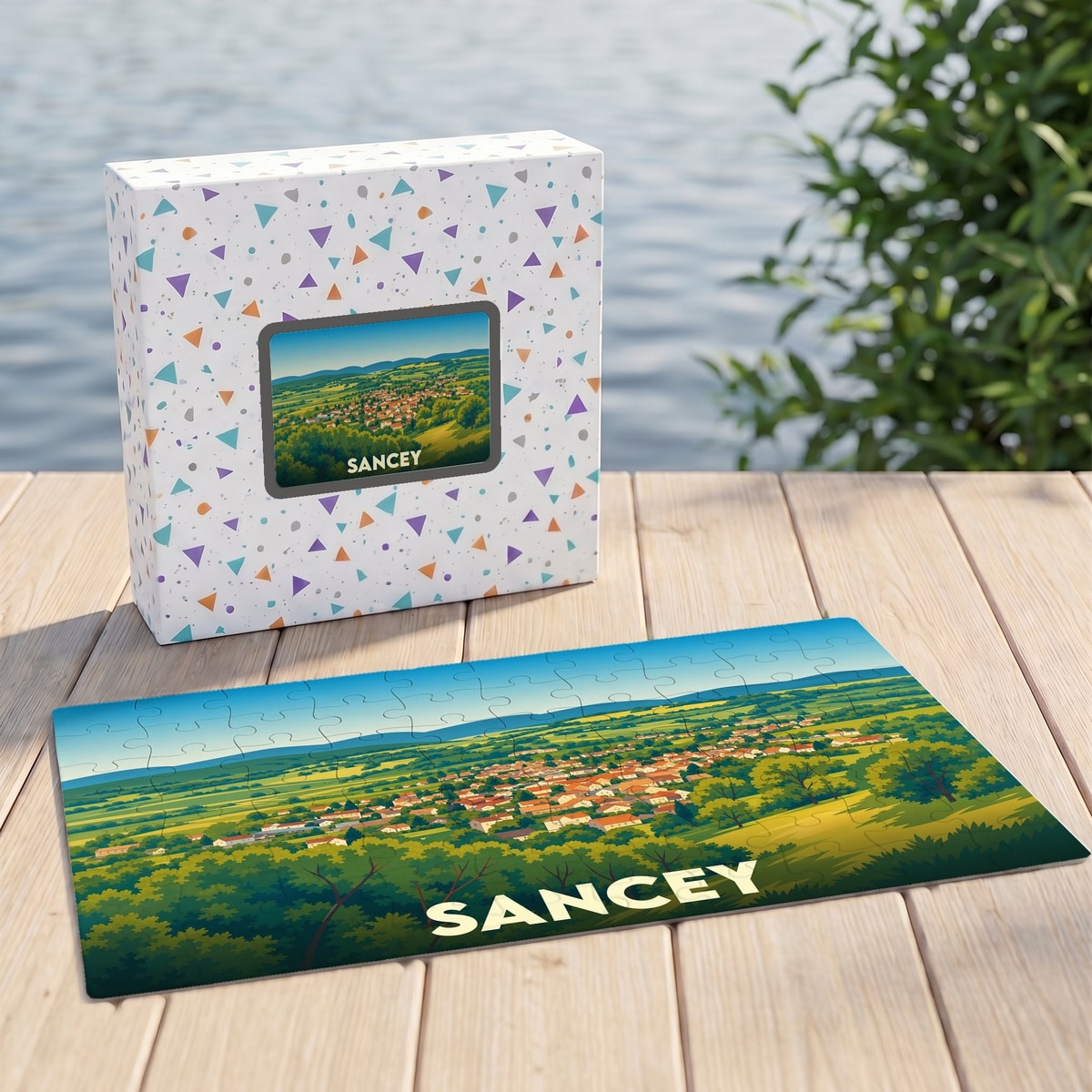 Puzzle souvenir de la ville de Sancey avec une illustration de paysage panoramique.