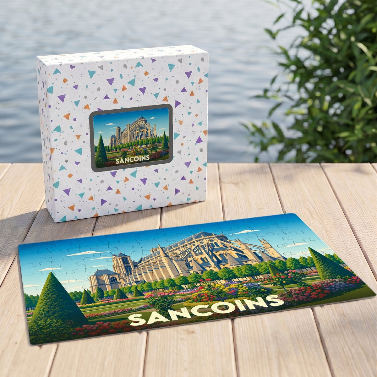 Puzzle souvenir de la ville de Sancoins avec une illustration stylisée d'un monument historique et de ses jardins.