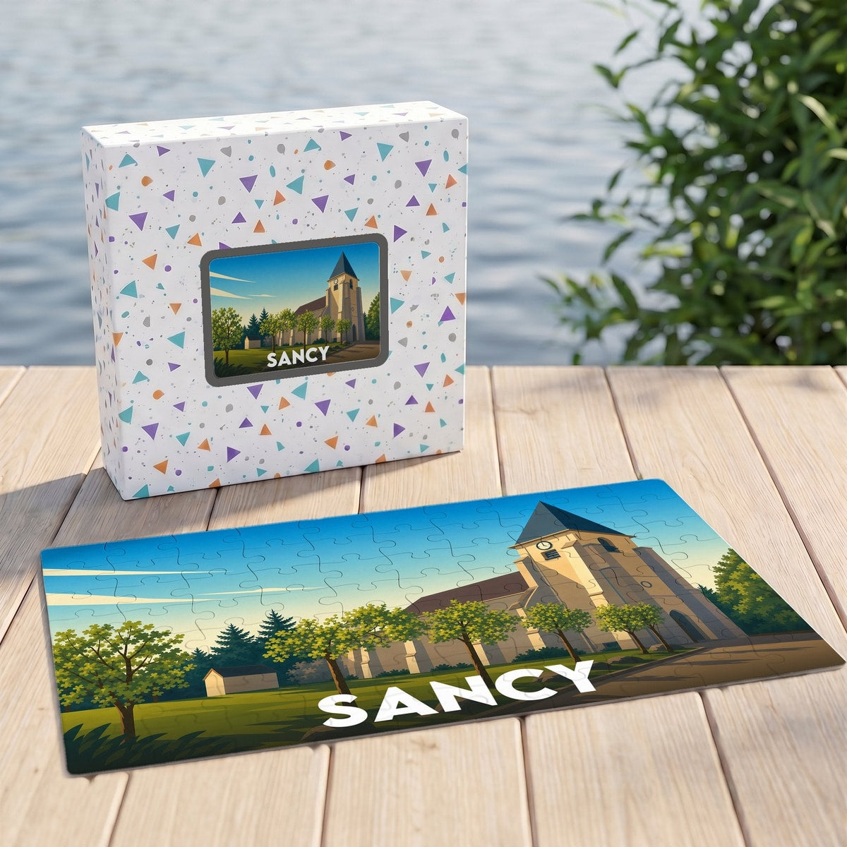Puzzle souvenir de la ville de Sancy avec une illustration stylisée d'une église sous un ciel bleu.