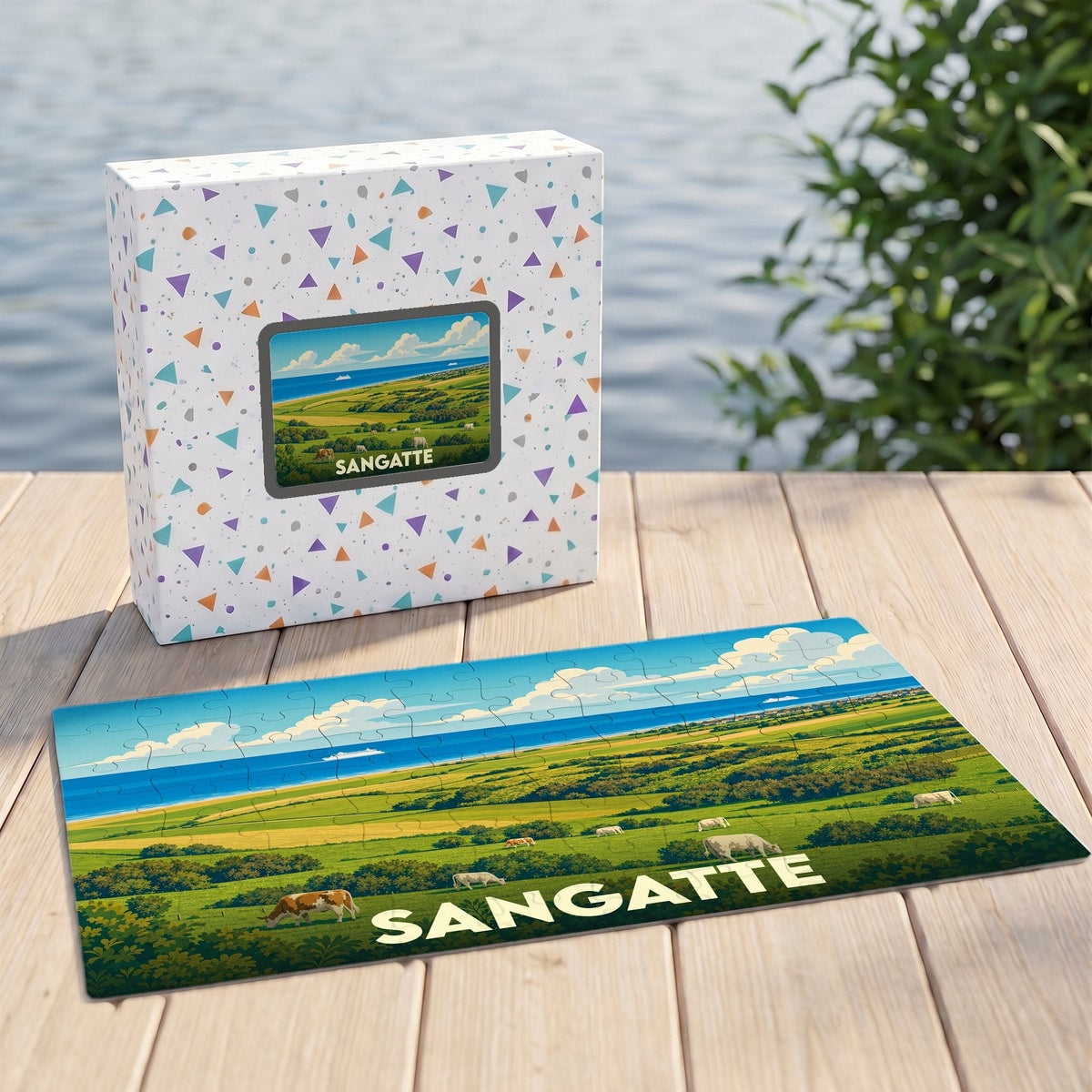 Puzzle souvenir de la ville de Sangatte avec une illustration de paysage champêtre en bord de mer.