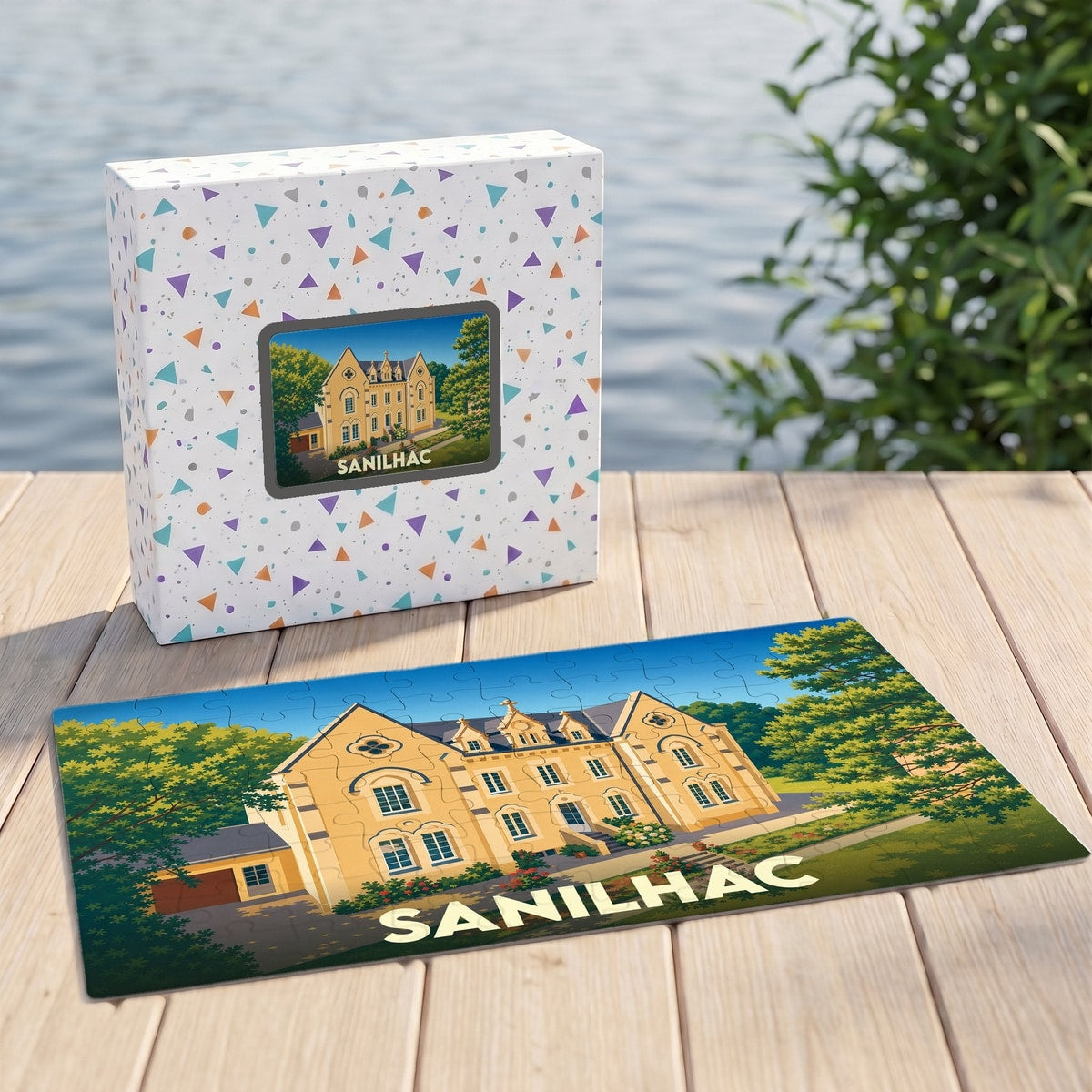 Puzzle souvenir de la ville de Sanilhac illustrant un manoir historique sur un fond de paysage verdoyant.