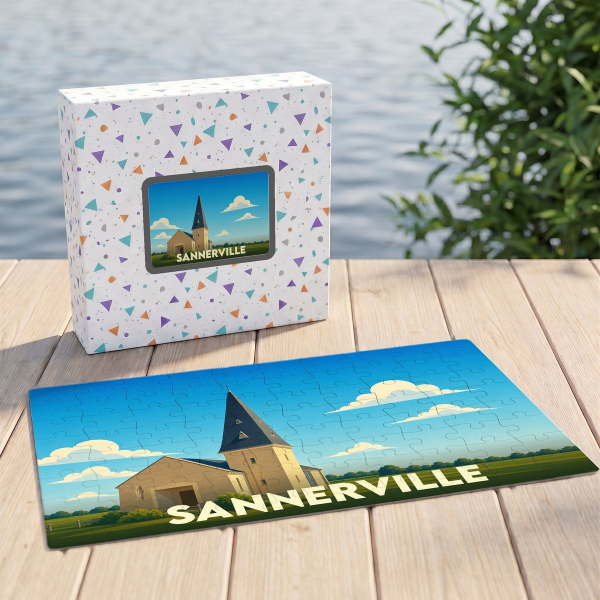 Puzzle souvenir de la ville de Sannerville avec une illustration stylisée d'un bâtiment historique.