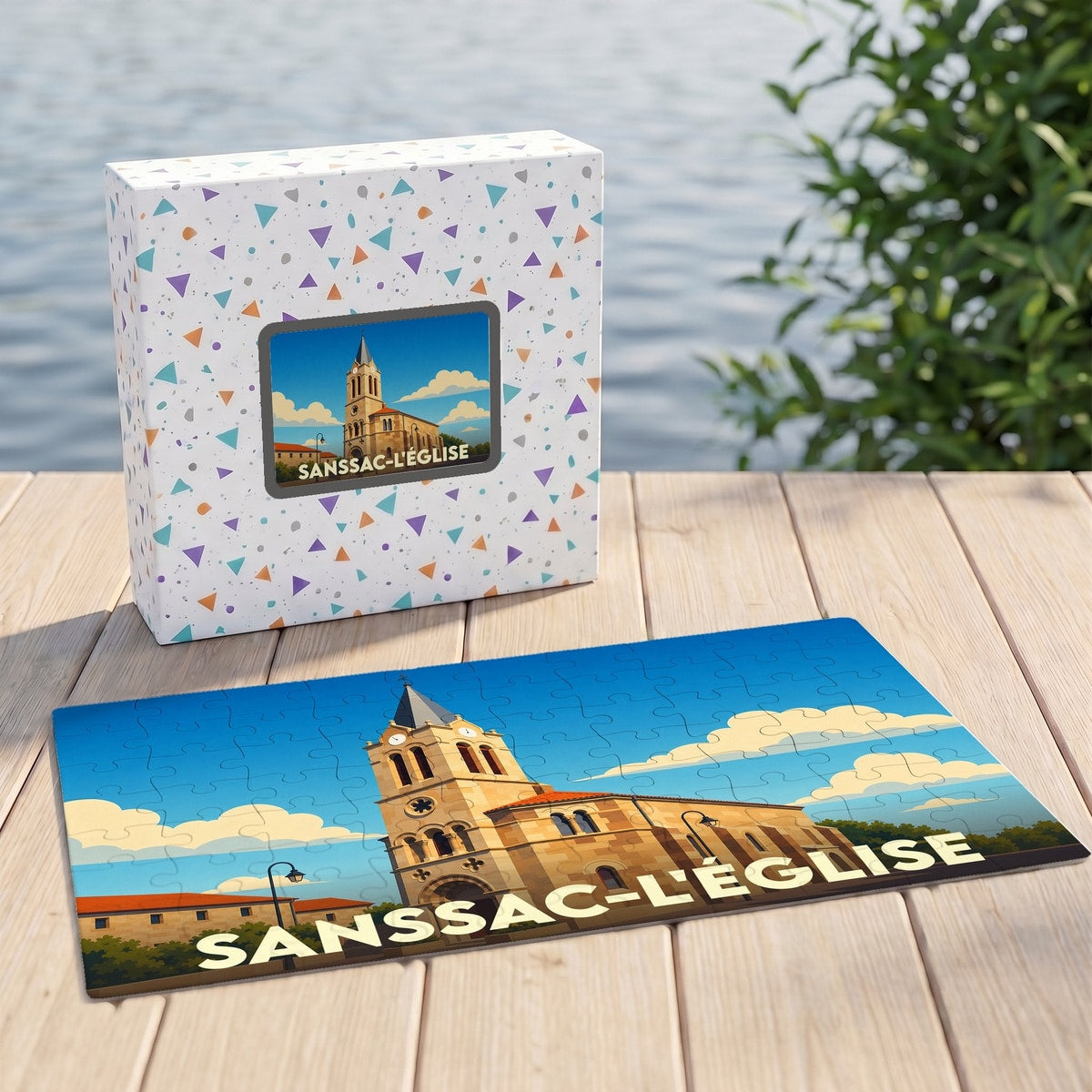 Puzzle souvenir de la ville de Sanssac-l'Église avec une illustration stylisée de son église.