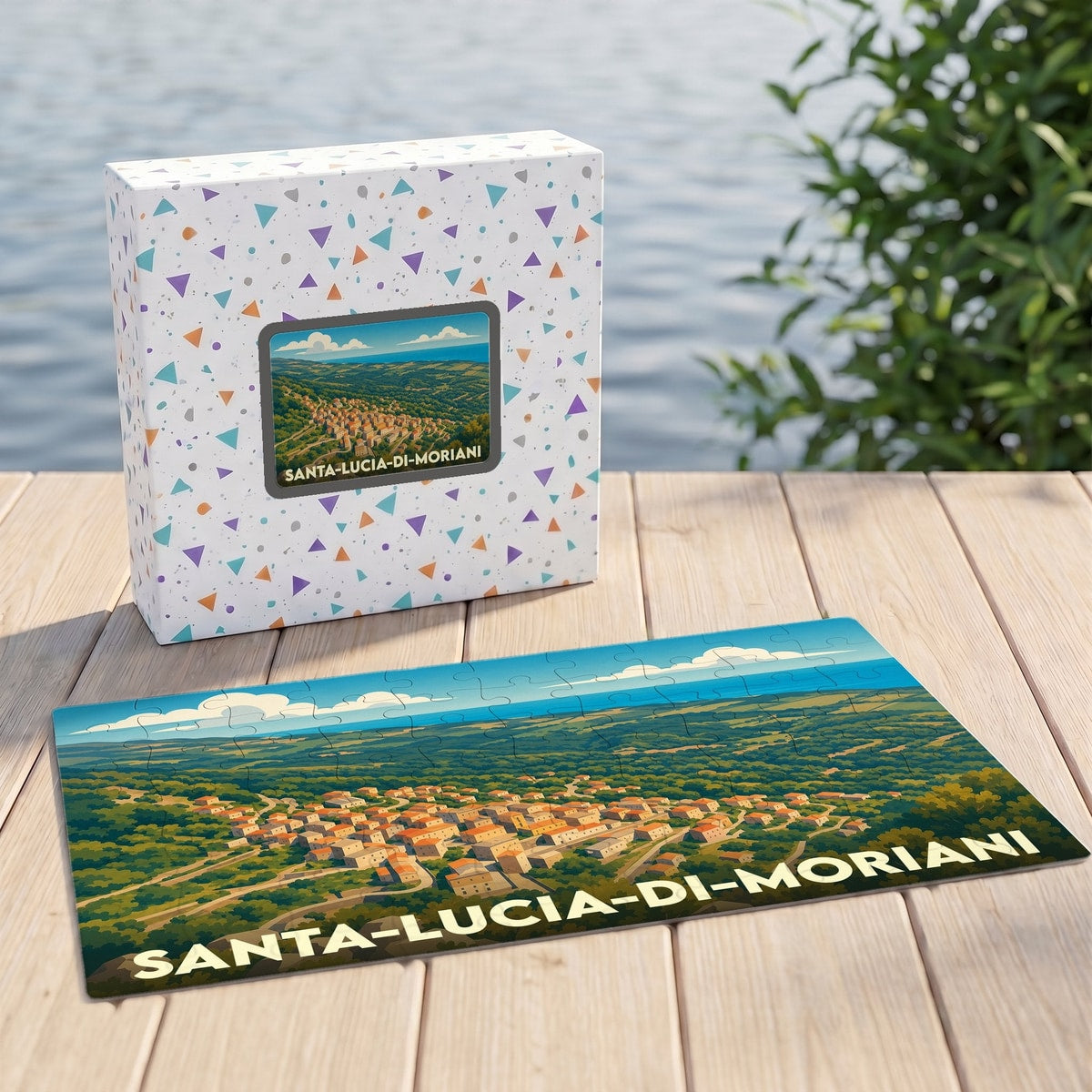 Puzzle souvenir de la ville de Santa-Lucia-di-Moriani avec une illustration stylisée d'un village corse perché.