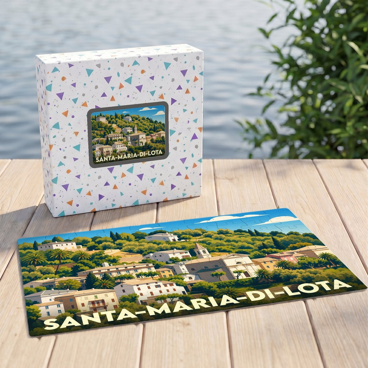 Puzzle souvenir de la ville de Santa-Maria-di-Lota avec une illustration stylisée d'un village corse niché dans la verdure.